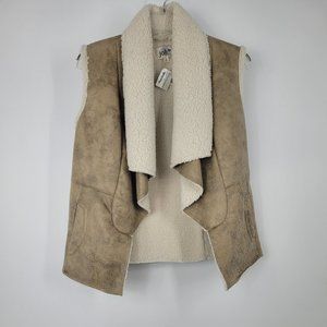 Jolt Gorgeous! Womens Open Front Vest Tan Faux Suede Snake Print Fleece L New